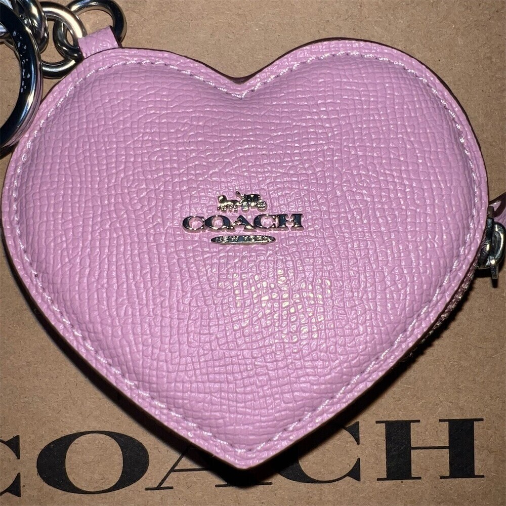 COACH Pink Leather Heart Bag Charm Coin Purse Keychain CP371 Silver Hardware NWT - Picture 4 of 5